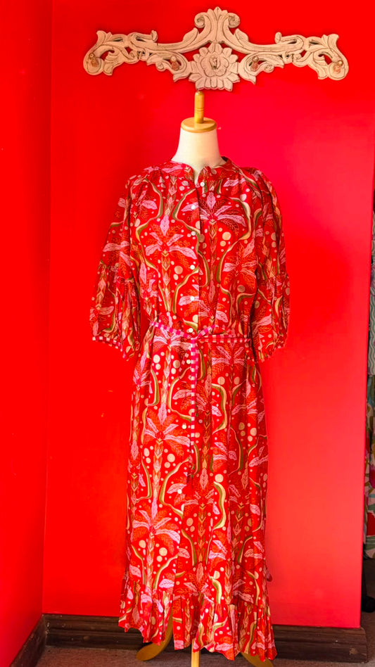 Charlie Grace - Rich Tomato-Coral Red with Accents of Soft Pink to Palms with Leaf Shapes of Moss Green for Outlines