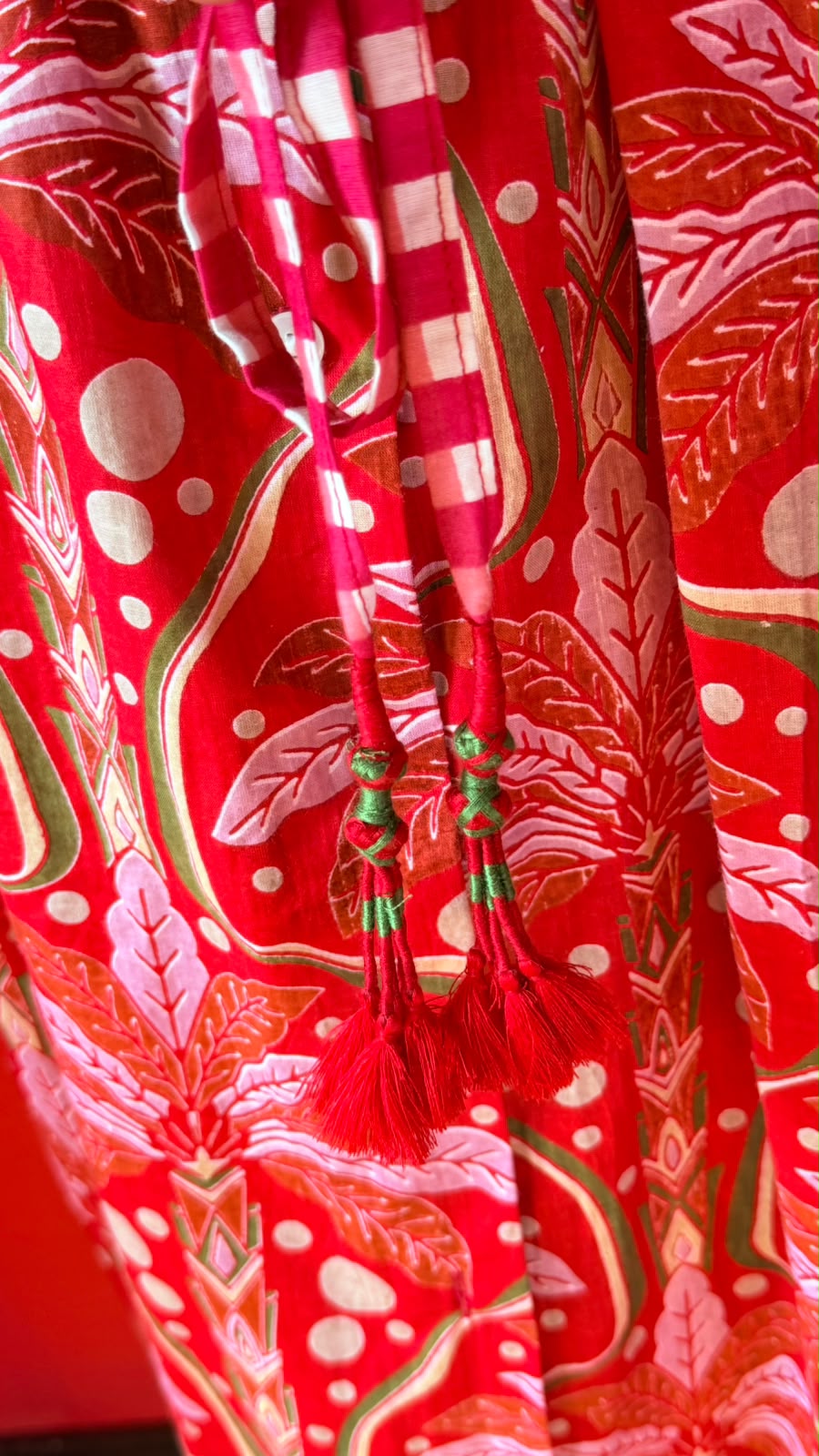 Charlie Grace - Rich Tomato-Coral Red with Accents of Soft Pink to Palms with Leaf Shapes of Moss Green for Outlines