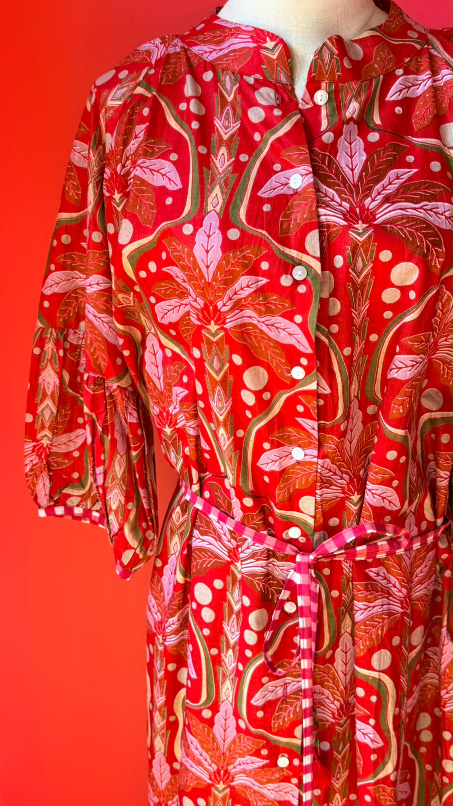 Charlie Grace - Rich Tomato-Coral Red with Accents of Soft Pink to Palms with Leaf Shapes of Moss Green for Outlines