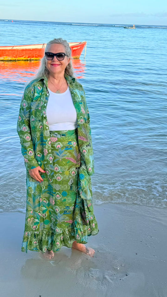 Rosie Wrap Skirt Oriental Green with Touches of Pink