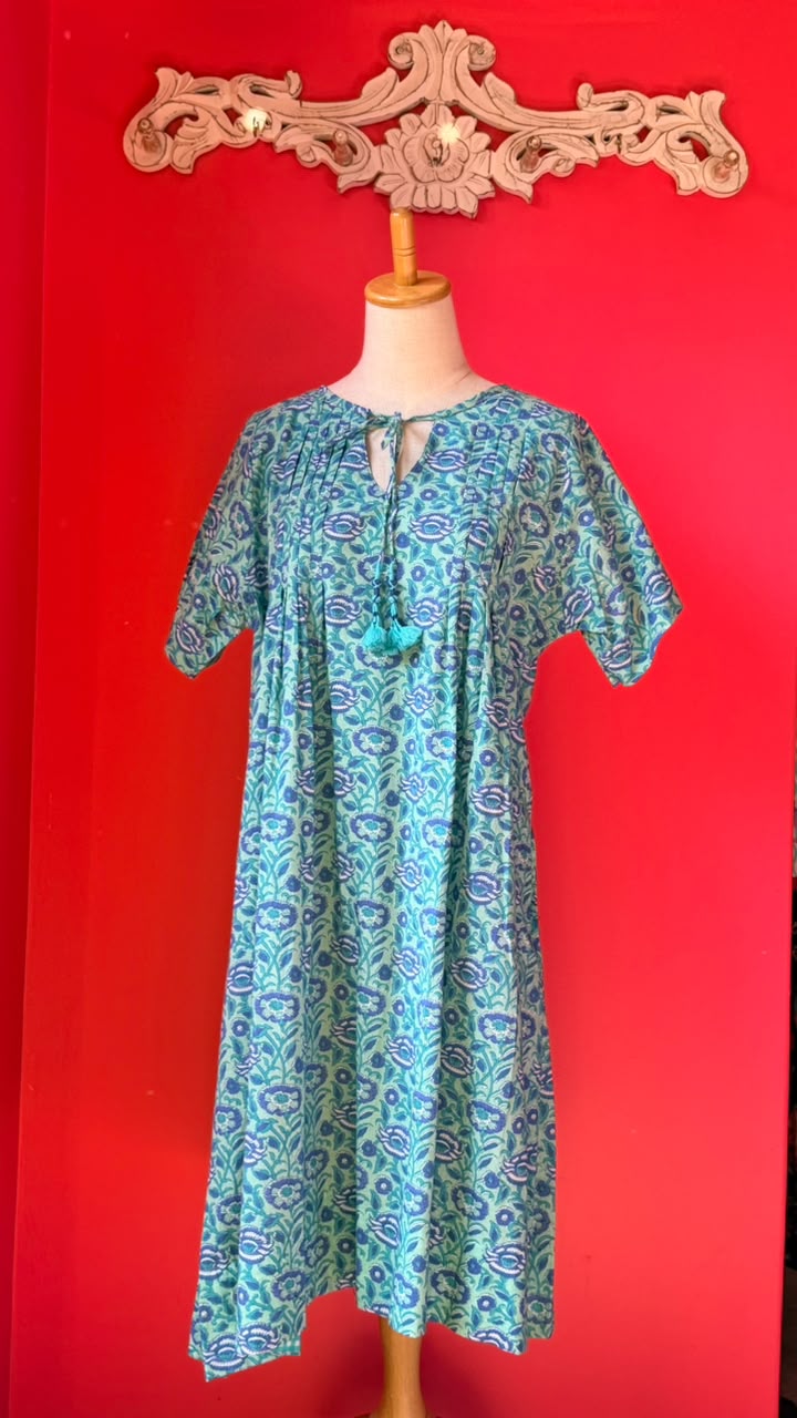 Dewy Dress - Sage-Mint Green Base with Blue, Teal, and White Floral Motifan Organic, Vine-filled Look Typical of Traditional Block-Print