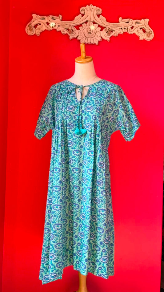 Dewy Dress - Sage-Mint Green Base with Blue, Teal, and White Floral Motifan Organic, Vine-filled Look Typical of Traditional Block-Print