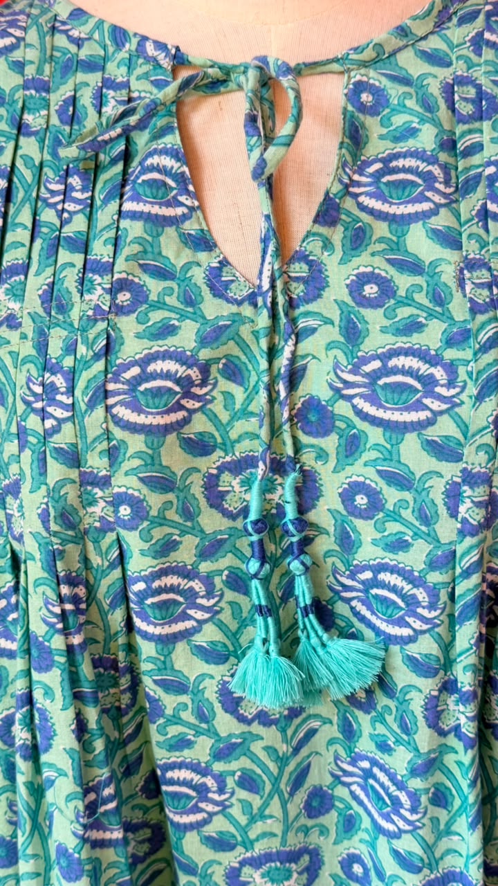 Dewy Dress - Sage-Mint Green Base with Blue, Teal, and White Floral Motifan Organic, Vine-filled Look Typical of Traditional Block-Print