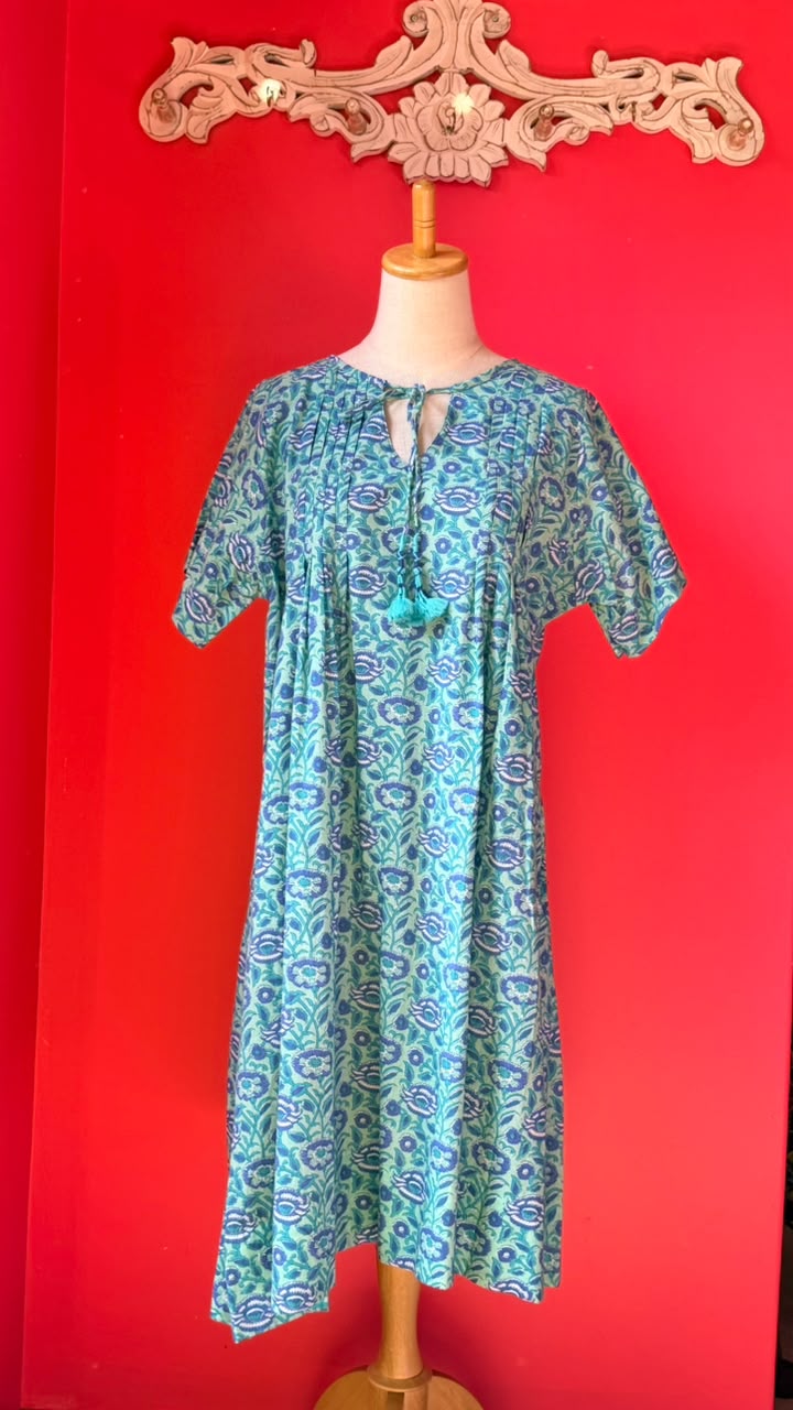 Dewy Dress - Sage-Mint Green Base with Blue, Teal, and White Floral Motifan Organic, Vine-filled Look Typical of Traditional Block-Print