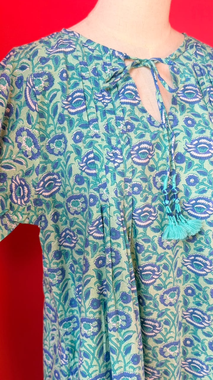 Dewy Dress - Sage-Mint Green Base with Blue, Teal, and White Floral Motifan Organic, Vine-filled Look Typical of Traditional Block-Print