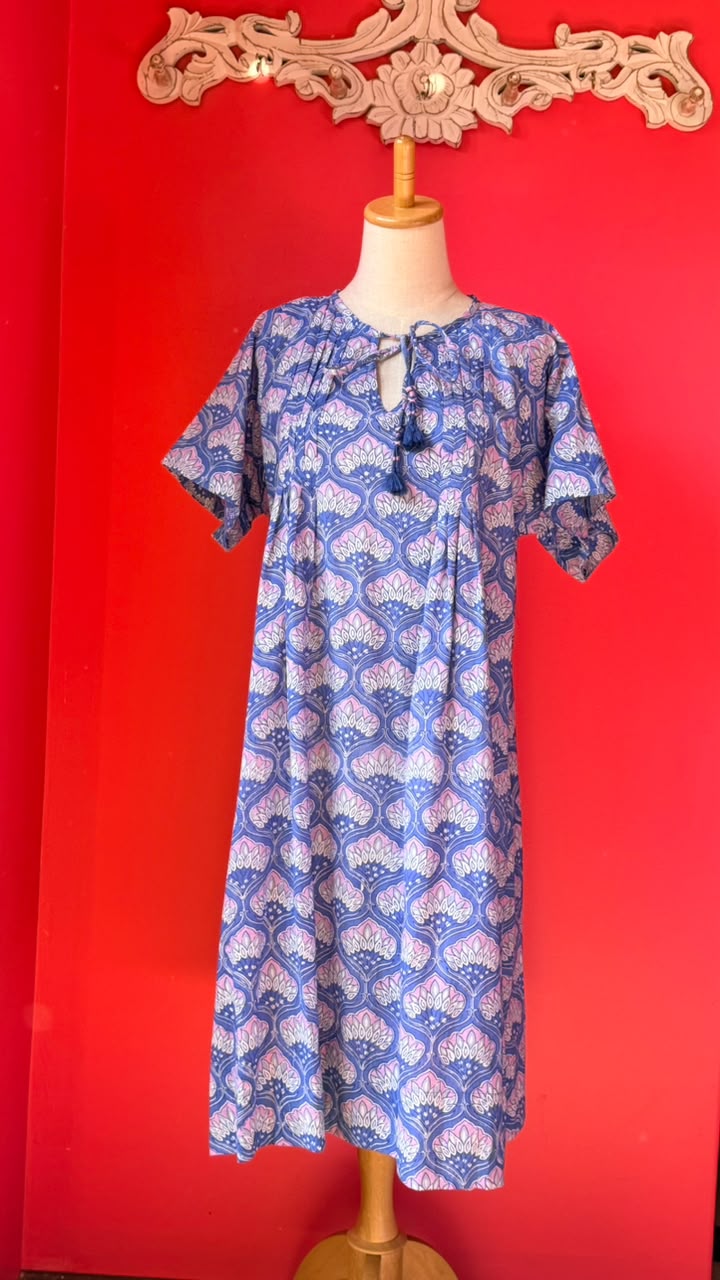 Dewy Dress - Sky Blue base with Soft Pink-Linac and White-Ivory Accents in A Repeating Sytlized Bohemian Floral Pattern