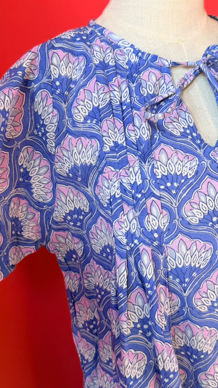 Dewy Dress - Sky Blue base with Soft Pink-Linac and White-Ivory Accents in A Repeating Sytlized Bohemian Floral Pattern
