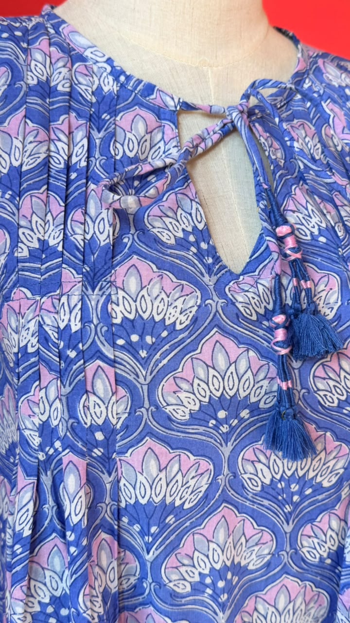 Dewy Dress - Sky Blue base with Soft Pink-Linac and White-Ivory Accents in A Repeating Sytlized Bohemian Floral Pattern
