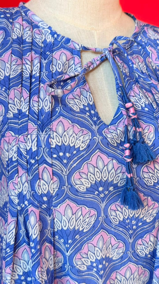 Dewy Dress - Sky Blue base with Soft Pink-Linac and White-Ivory Accents in A Repeating Sytlized Bohemian Floral Pattern