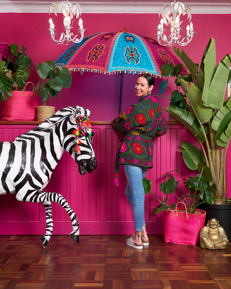 Suzani Cotton Jacket - Charcoal with Red, Pink, Mustard and Green Embroidery with Black Monkey lining