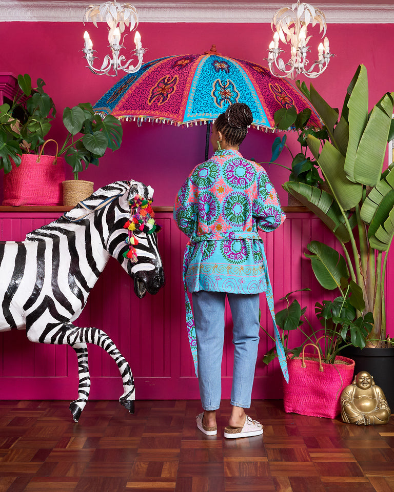 Suzani Cotton Jacket - Blue with multi-colour Mandala and Stripe lining