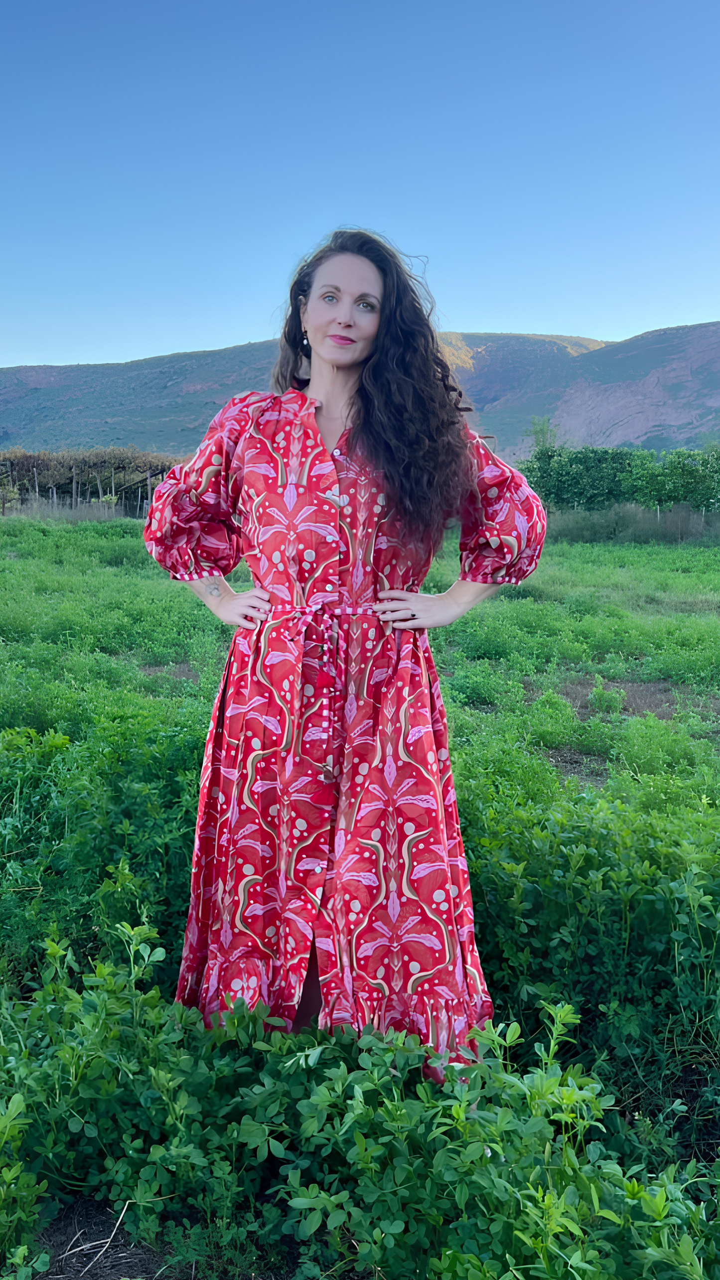 Charlie Grace Dress - Pink Paradise Palm on Red