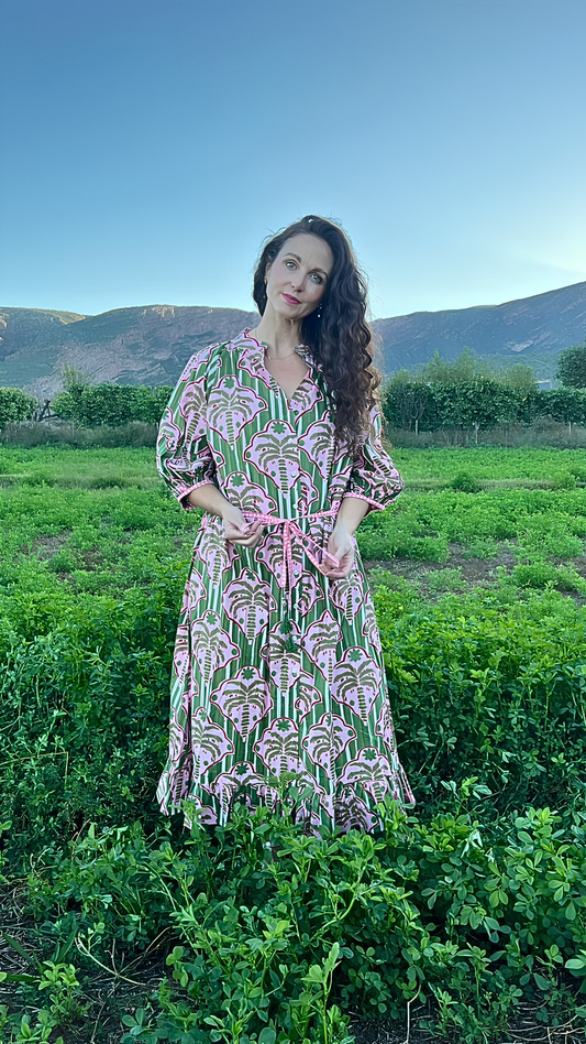Charlie Grace Dress - Green and Pink Tropical stripe