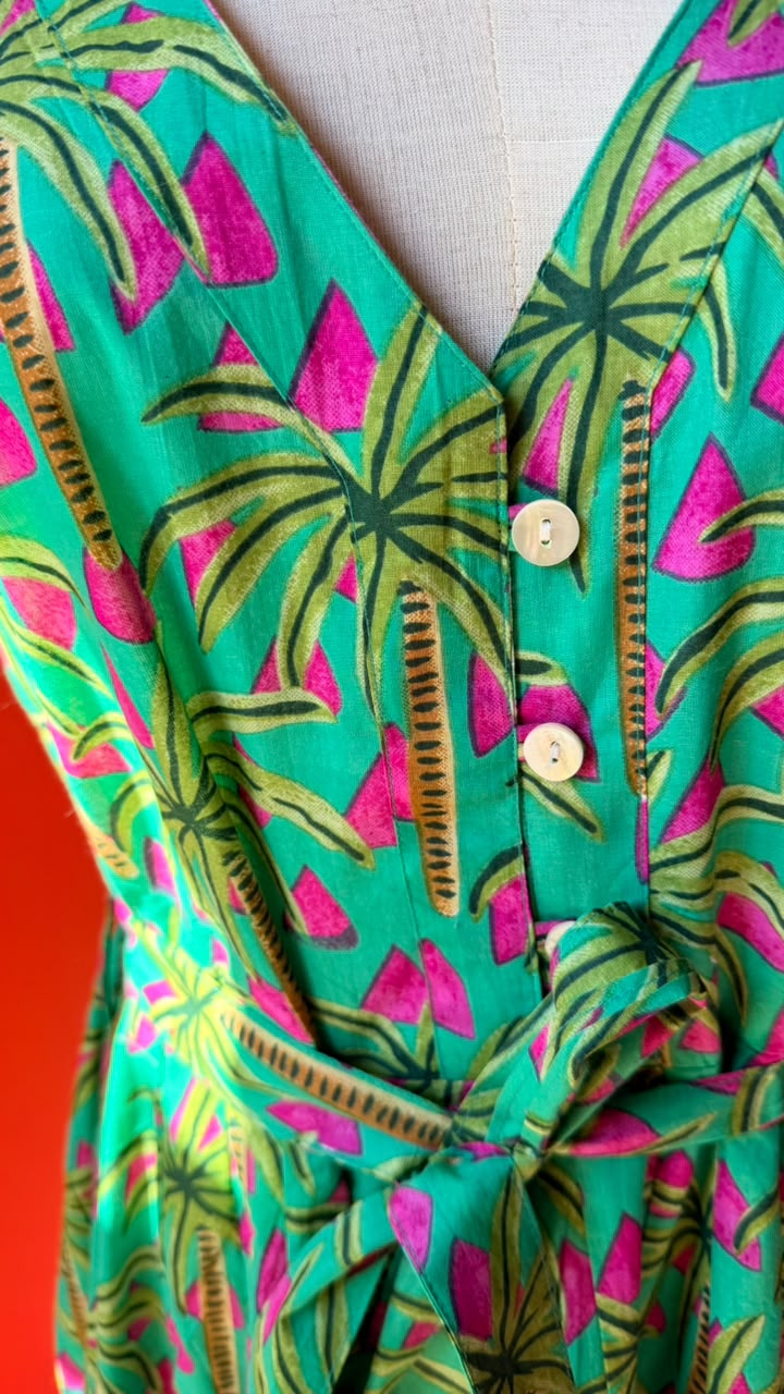 Avatar Dress - Vibrant Green base with Hot Pink, Lime Green and Mustard accents in an Abstract Tropical Palm-Leaf Print
