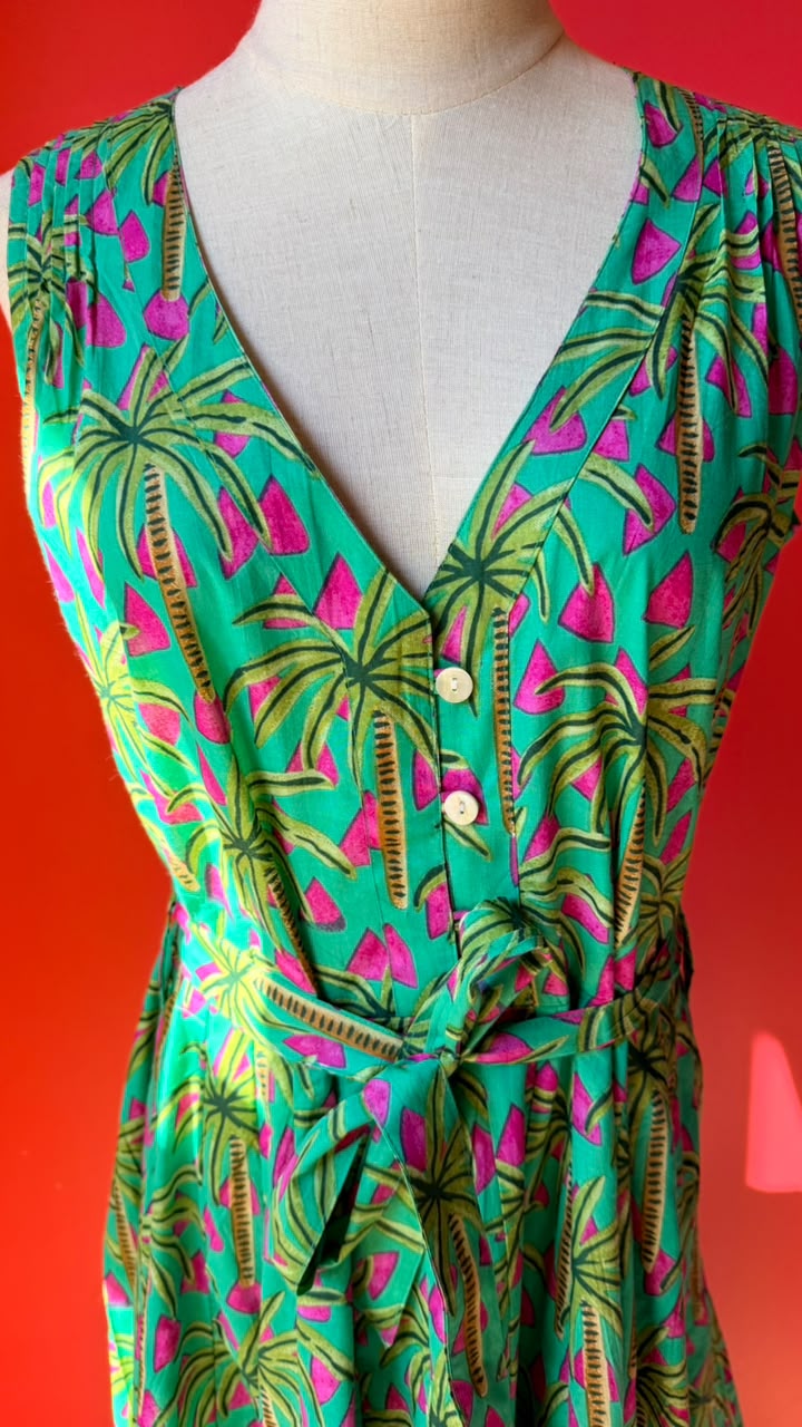 Avatar Dress - Vibrant Green base with Hot Pink, Lime Green and Mustard accents in an Abstract Tropical Palm-Leaf Print
