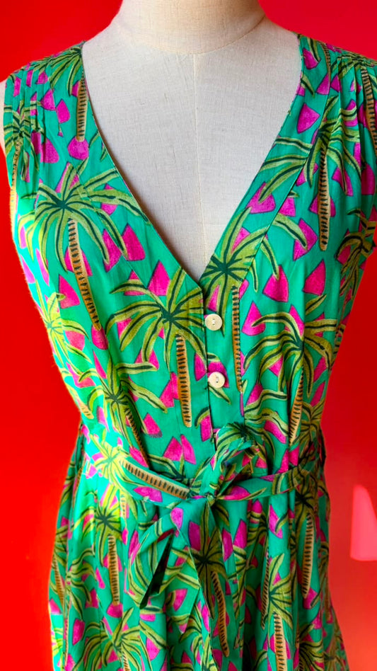 Avatar Dress - Vibrant Green base with Hot Pink, Lime Green and Mustard accents in an Abstract Tropical Palm-Leaf Print