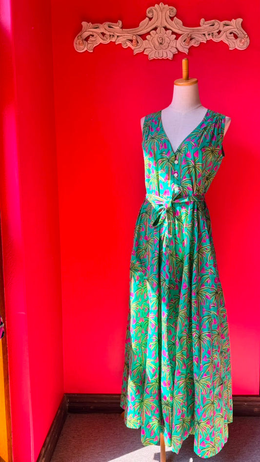Avatar Dress - Vibrant Green base with Hot Pink, Lime Green and Mustard accents in an Abstract Tropical Palm-Leaf Print