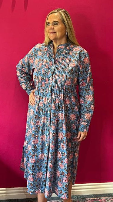 Ella Bella Shirt Dress - Sky Blue & Pink floral