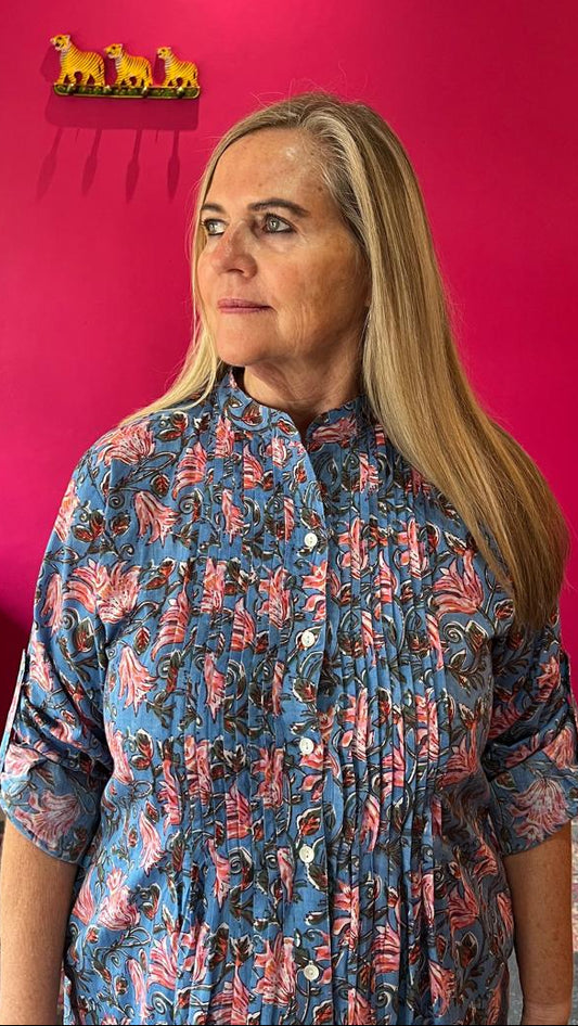 Ella Bella Shirt Dress - Sky Blue & Pink floral