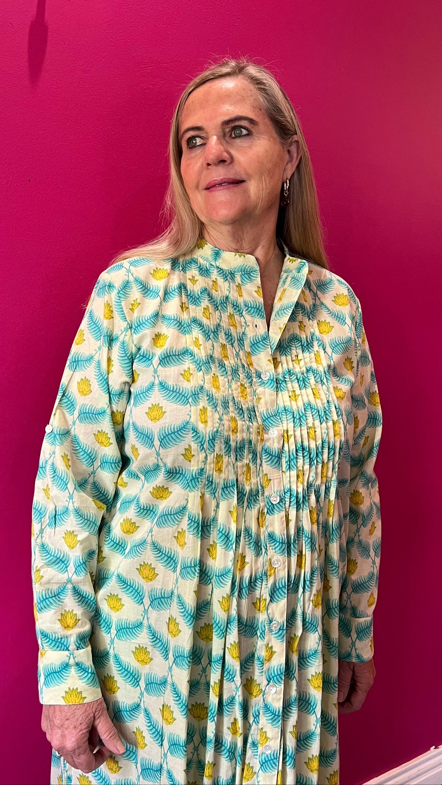 Ella Bella Shirt Dress - Cream with Turquoise Fern & Yellow Lotus Flower