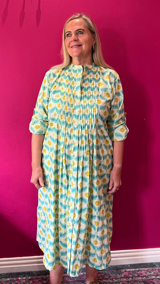 Ella Bella Shirt Dress - Cream with Turquoise Fern & Yellow Lotus Flower