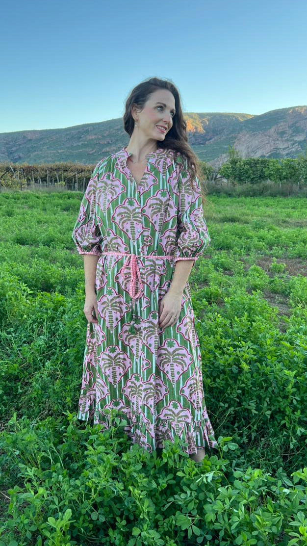 Charlie Grace Dress - Green and Pink Tropical stripe
