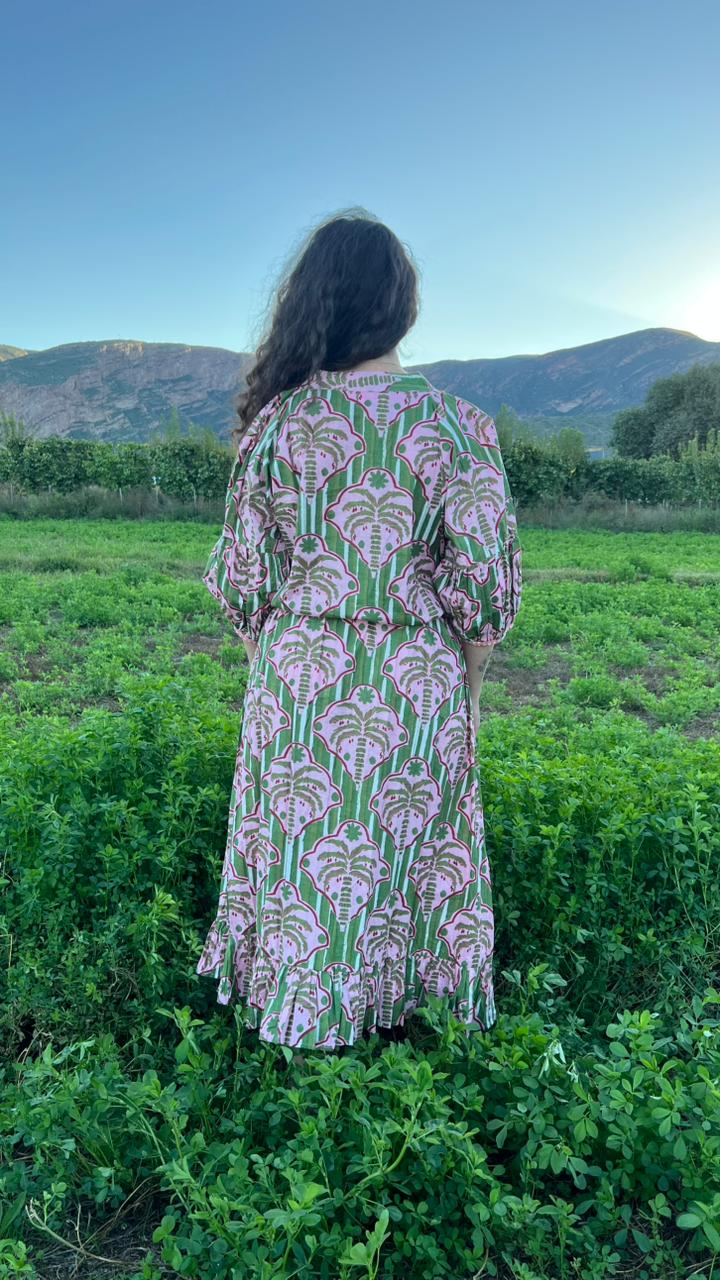 Charlie Grace Dress - Green and Pink Tropical stripe