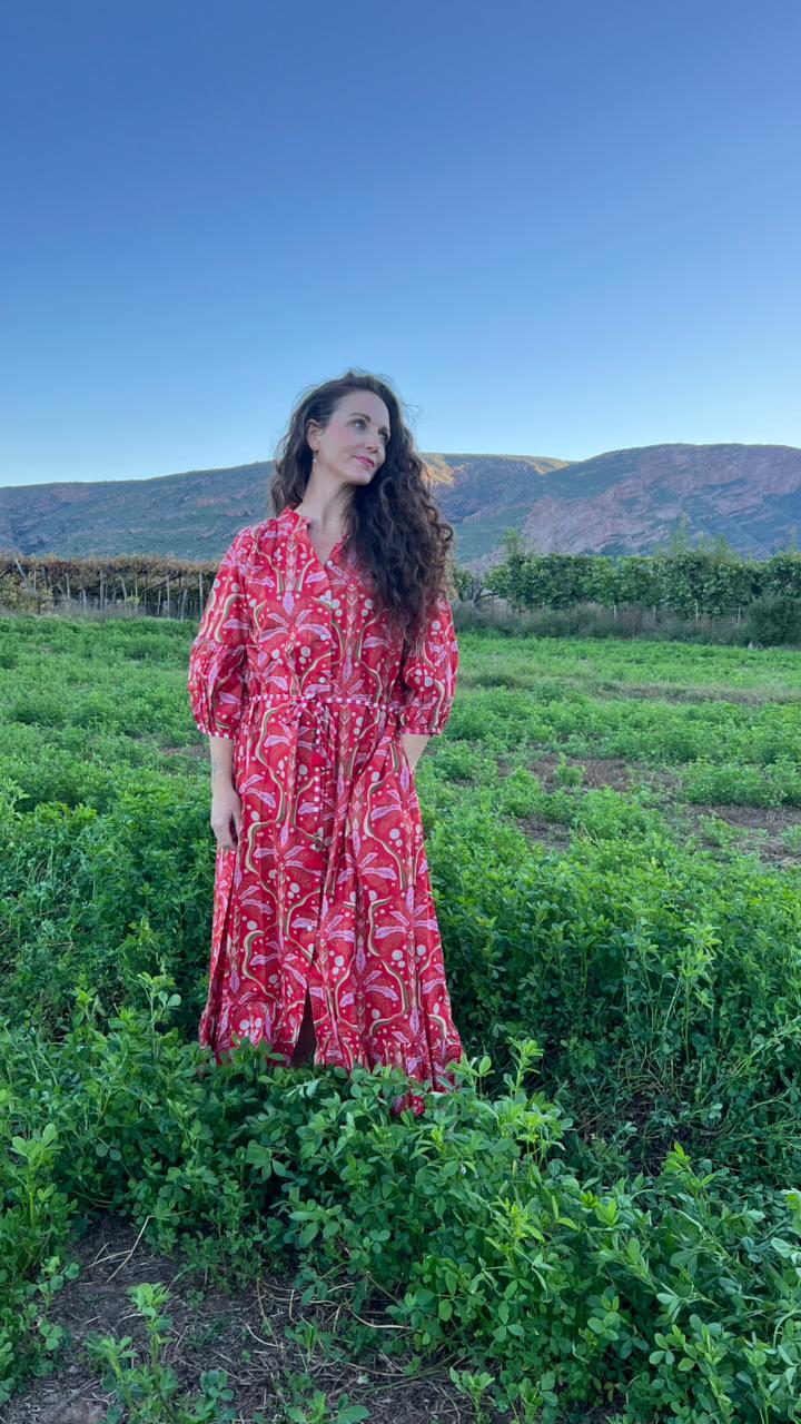Charlie Grace Dress - Pink Paradise Palm on Red