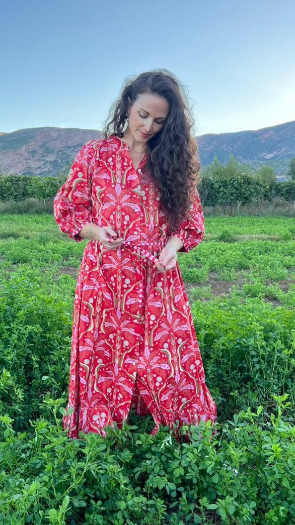 Charlie Grace Dress - Pink Paradise Palm on Red