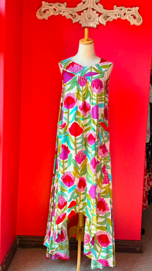 Bird Dress -  White Background with Bold and Bright Pink and Red Proteas and Turquoise Leaves