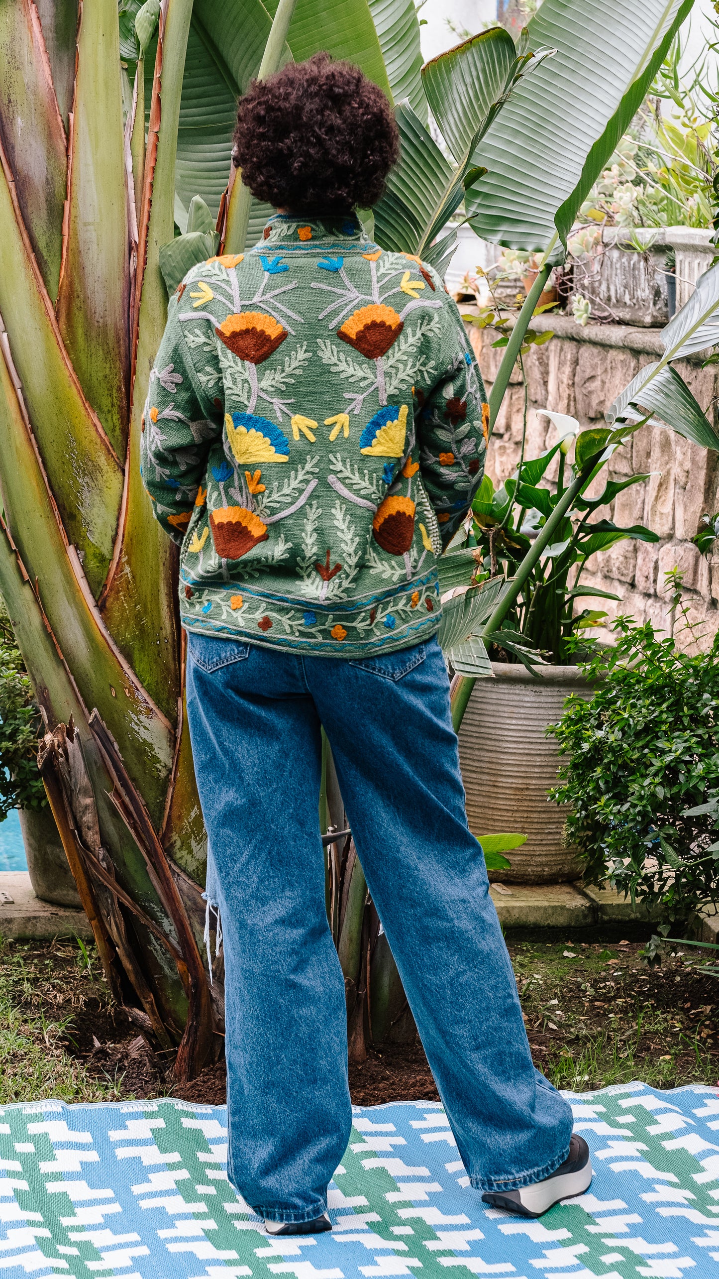 Cotton Weave Suzani Jacket - Green with Autumn Embroidered Blooms