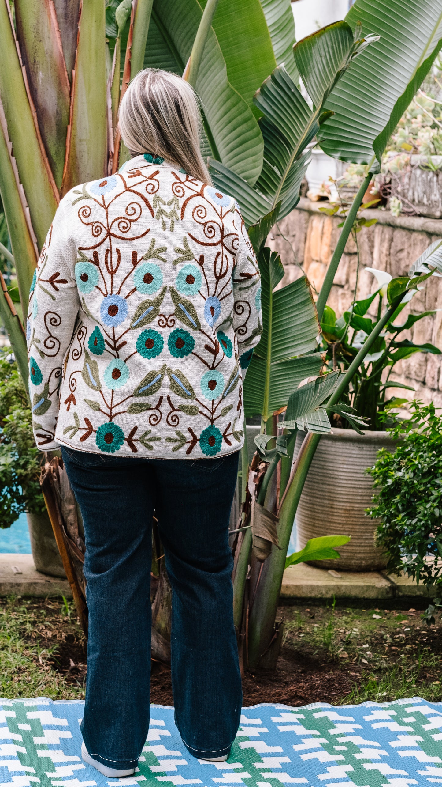 Cotton Weave Suzani Jacket - Cream Icey Flower Garden Embroidery