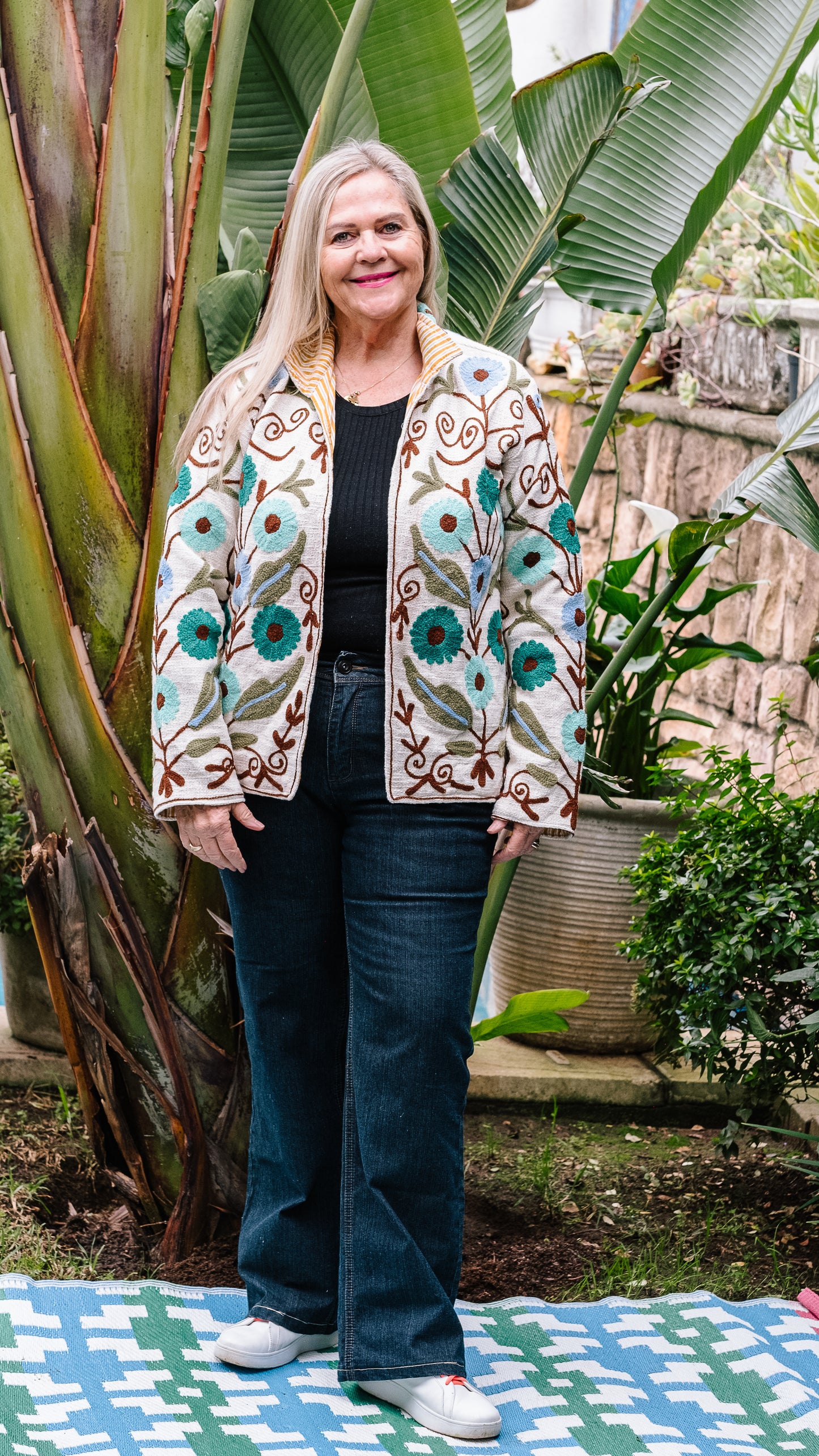 Cotton Weave Suzani Jacket - Cream Icey Flower Garden Embroidery