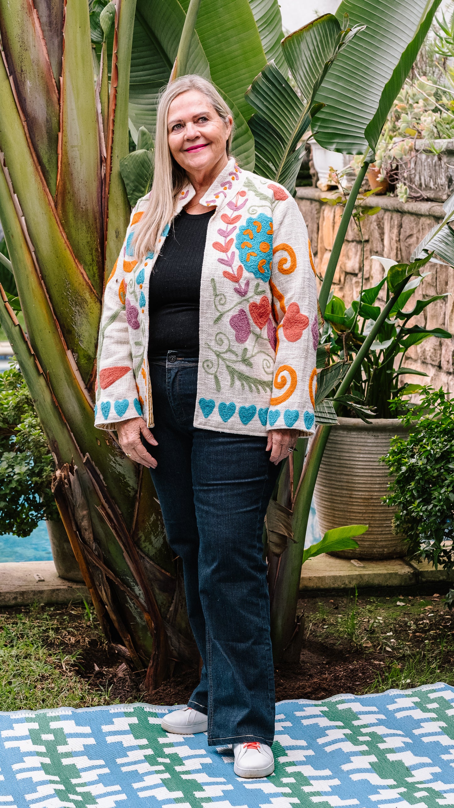 Cotton Weave Suzani Jacket - Cream with Pastel Berry Blooms Embroidery