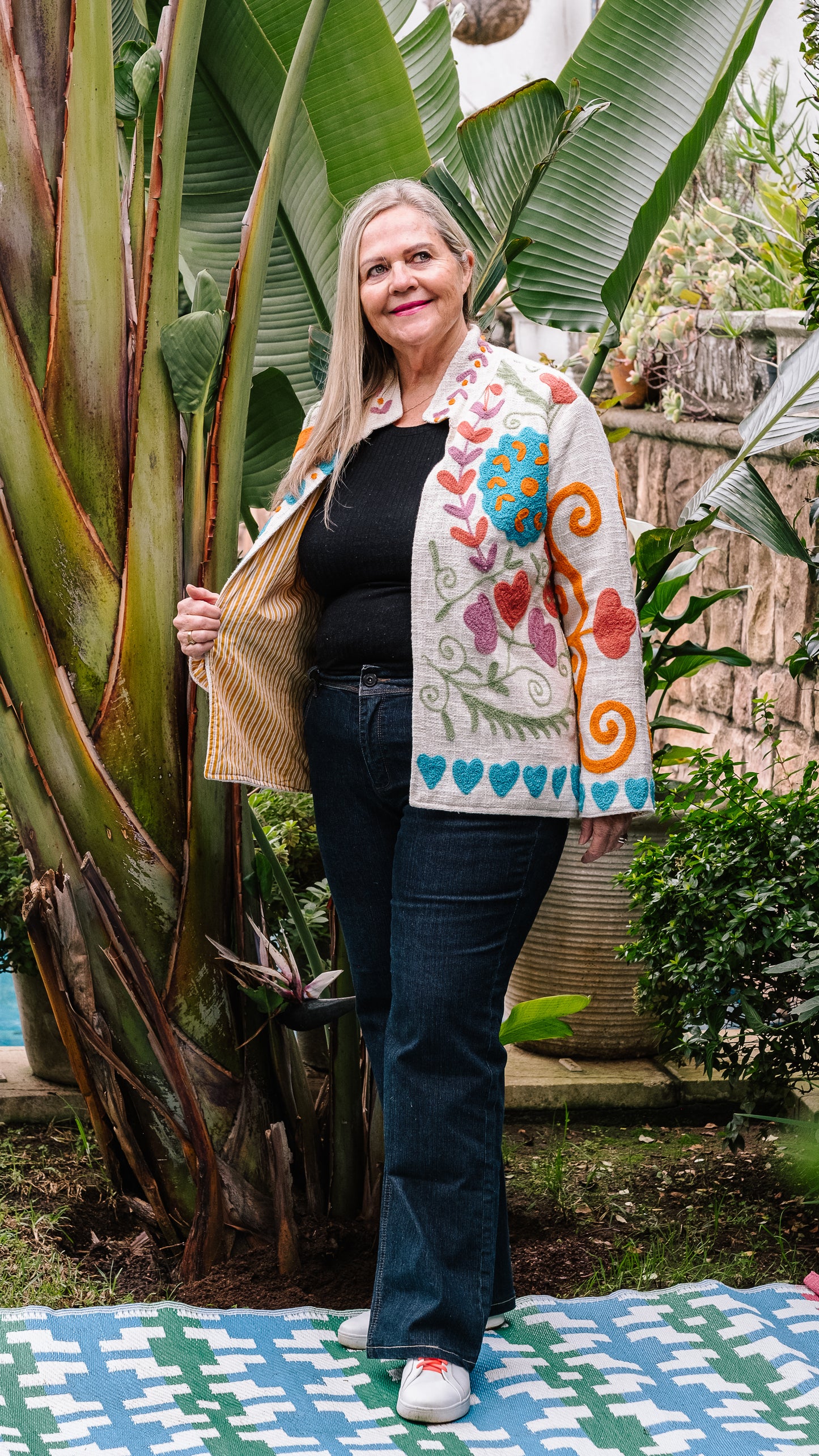Cotton Weave Suzani Jacket - Cream with Pastel Berry Blooms Embroidery