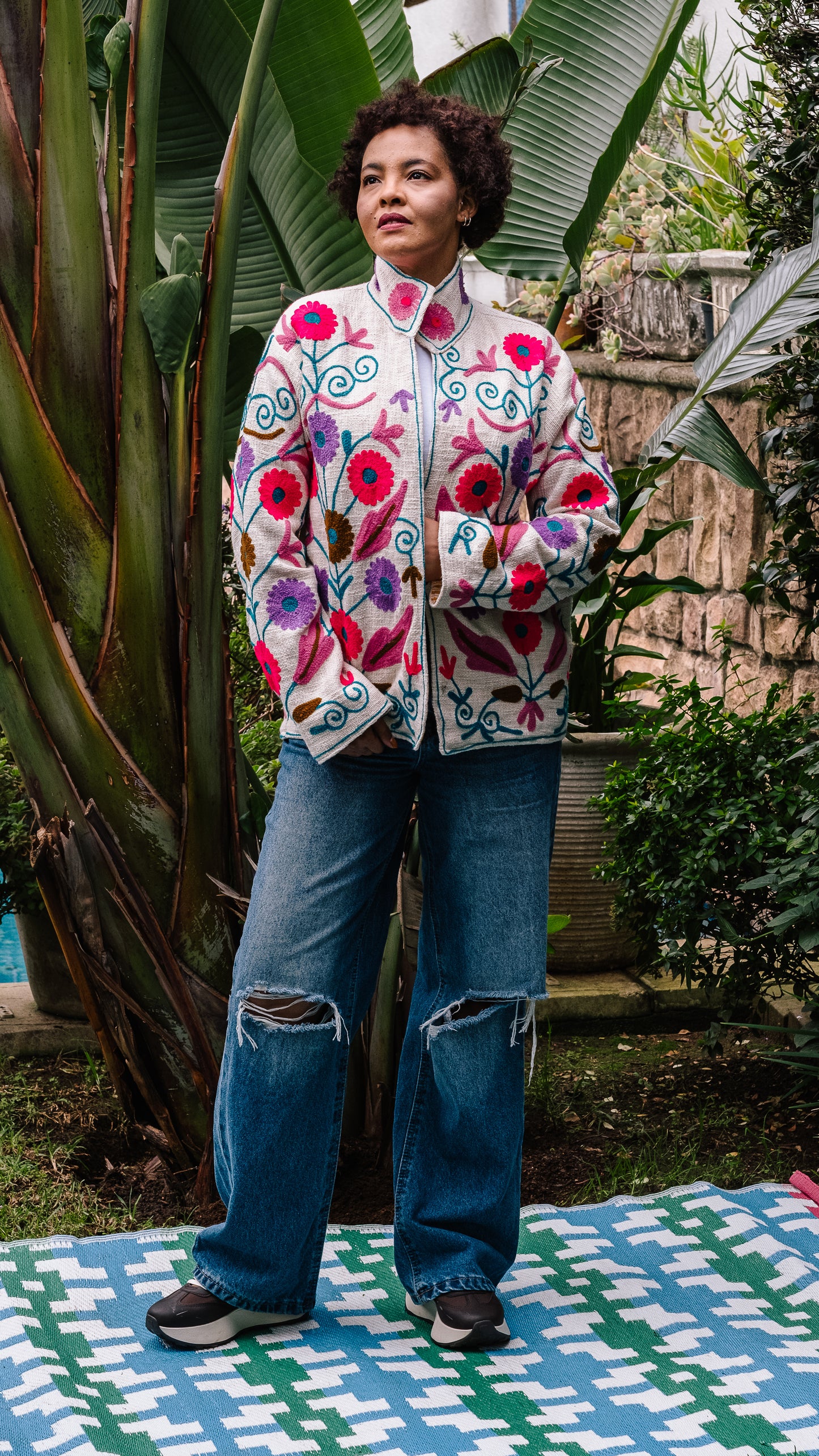 Cotton Weave Suzani Jacket - Cream with Lumo Flower Garden Embroidery