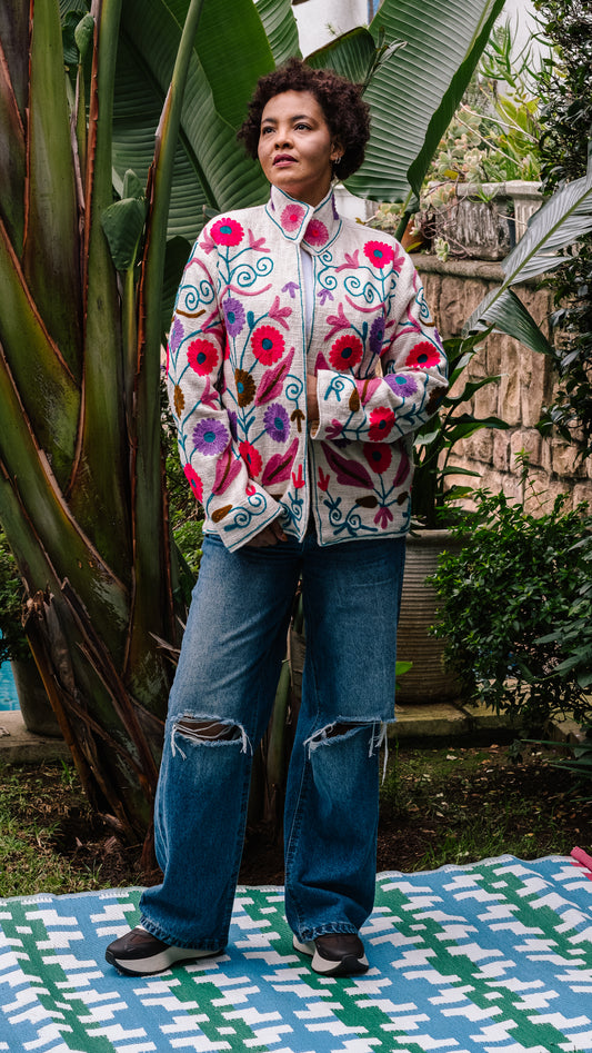 Cotton Weave Suzani Jacket - Cream with Lumo Flower Garden Embroidery