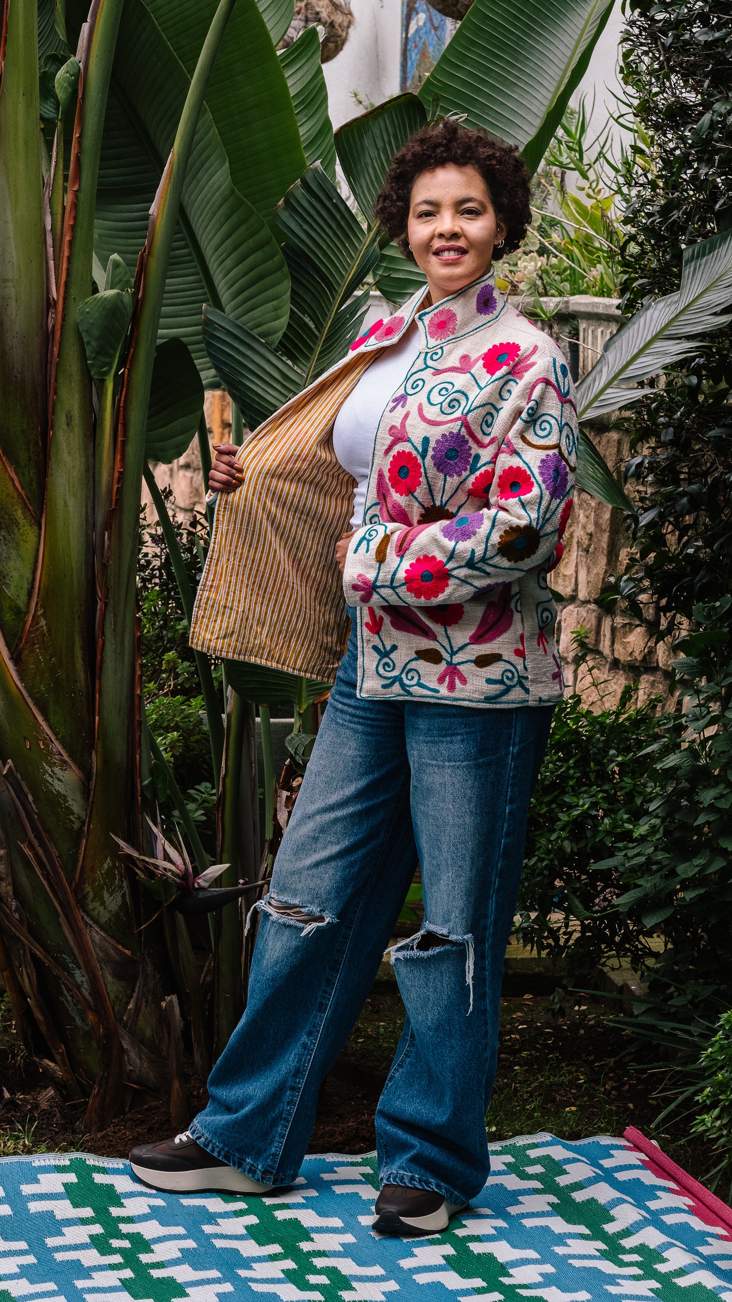 Cotton Weave Suzani Jacket - Cream with Lumo Flower Garden Embroidery