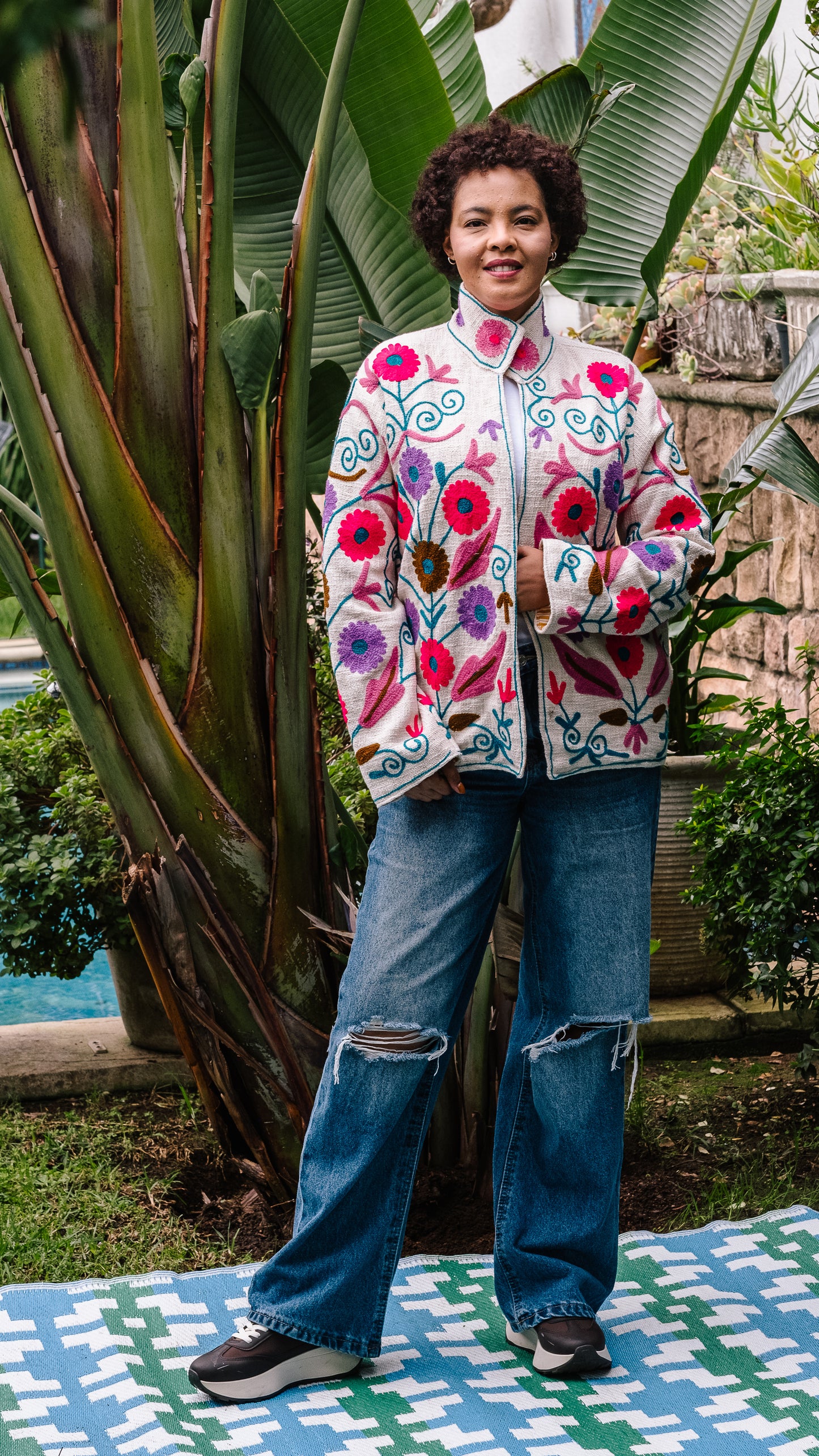 Cotton Weave Suzani Jacket - Cream with Lumo Flower Garden Embroidery