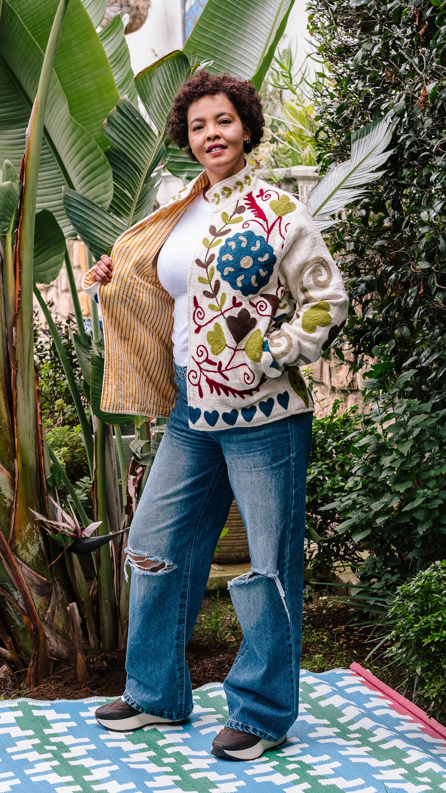 Cotton Weave Suzani Jacket - Cream with Winter Berry Blooms Embroidery
