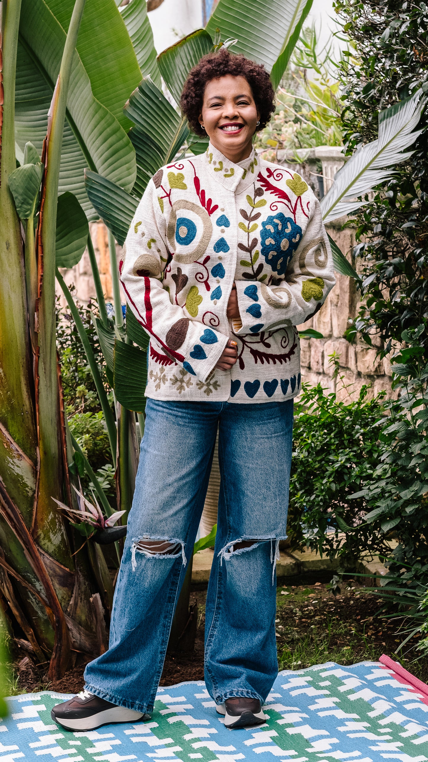 Cotton Weave Suzani Jacket - Cream with Winter Berry Blooms Embroidery