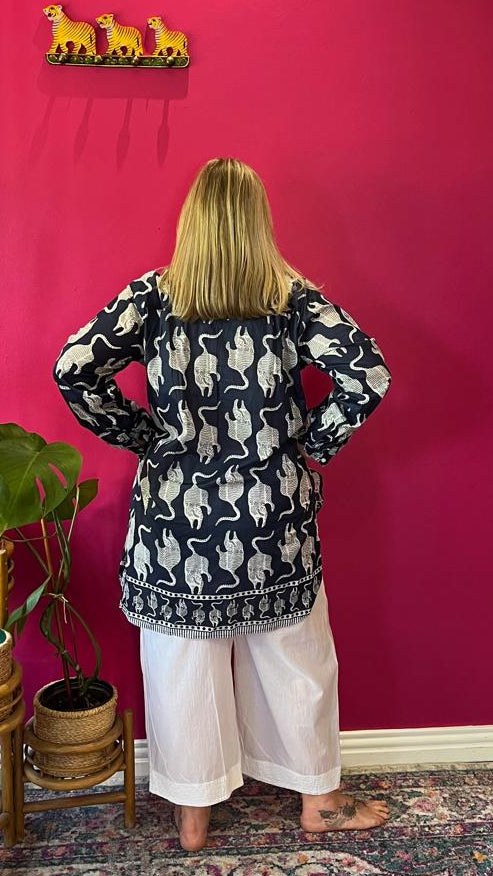 Frilly Sarong Blouse - Navy Blue Playful Tiger