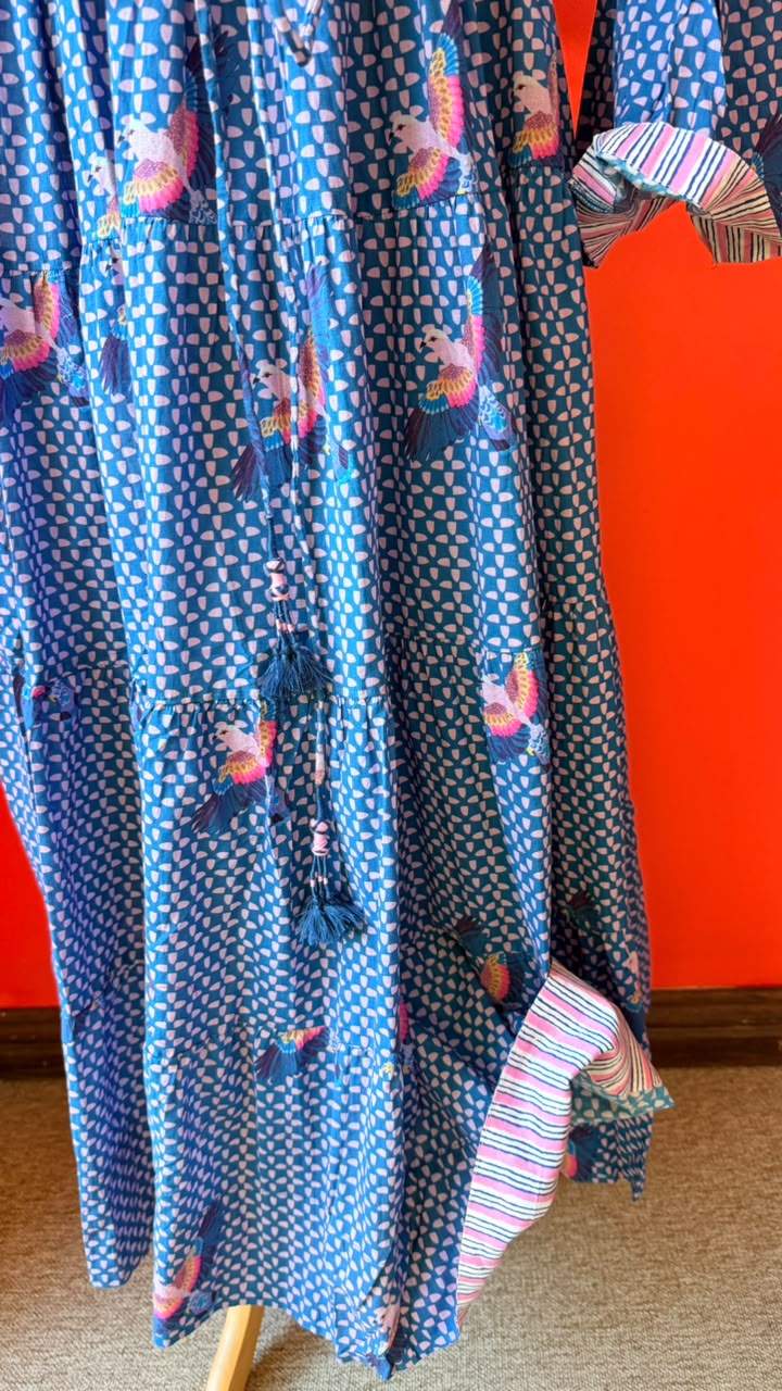 A blue patterned dress with colorful bird motifs and tassel details, shown hanging against a bright red background.