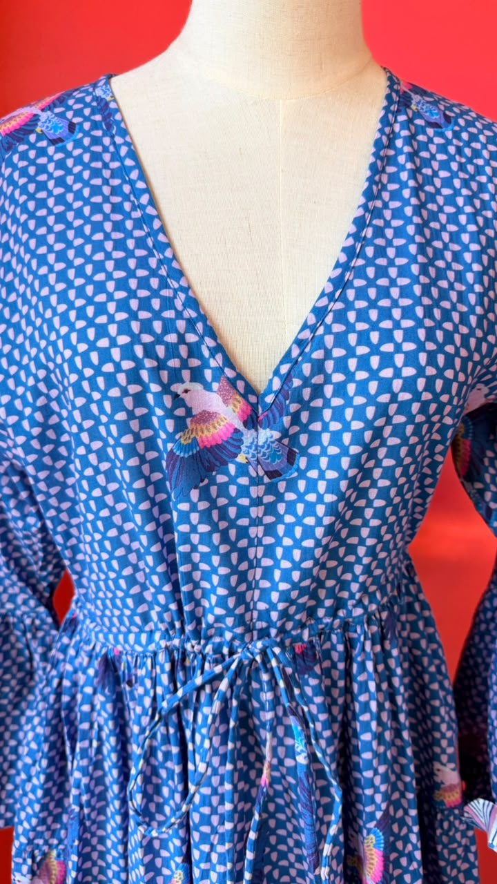 A blue and white patterned dress displayed on a cream dress form mannequin against a bright red background. The dress features a V-neckline, a tie waist, and colorful butterfly and floral embroidery.
