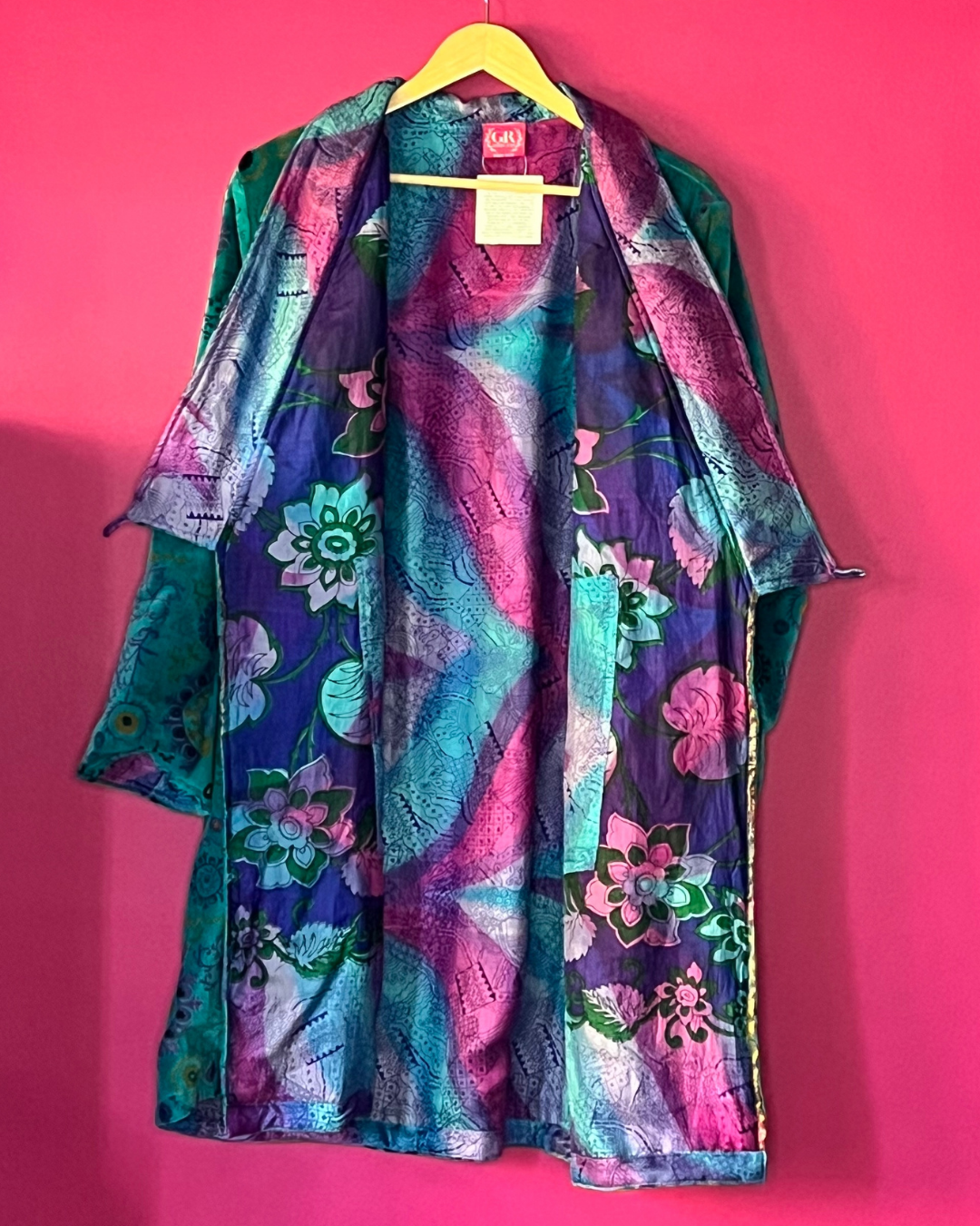 Royal Velvet Jacket - Turquoise Geometric with Purple, Pink, Turquoise and Green Floral Silk Lining