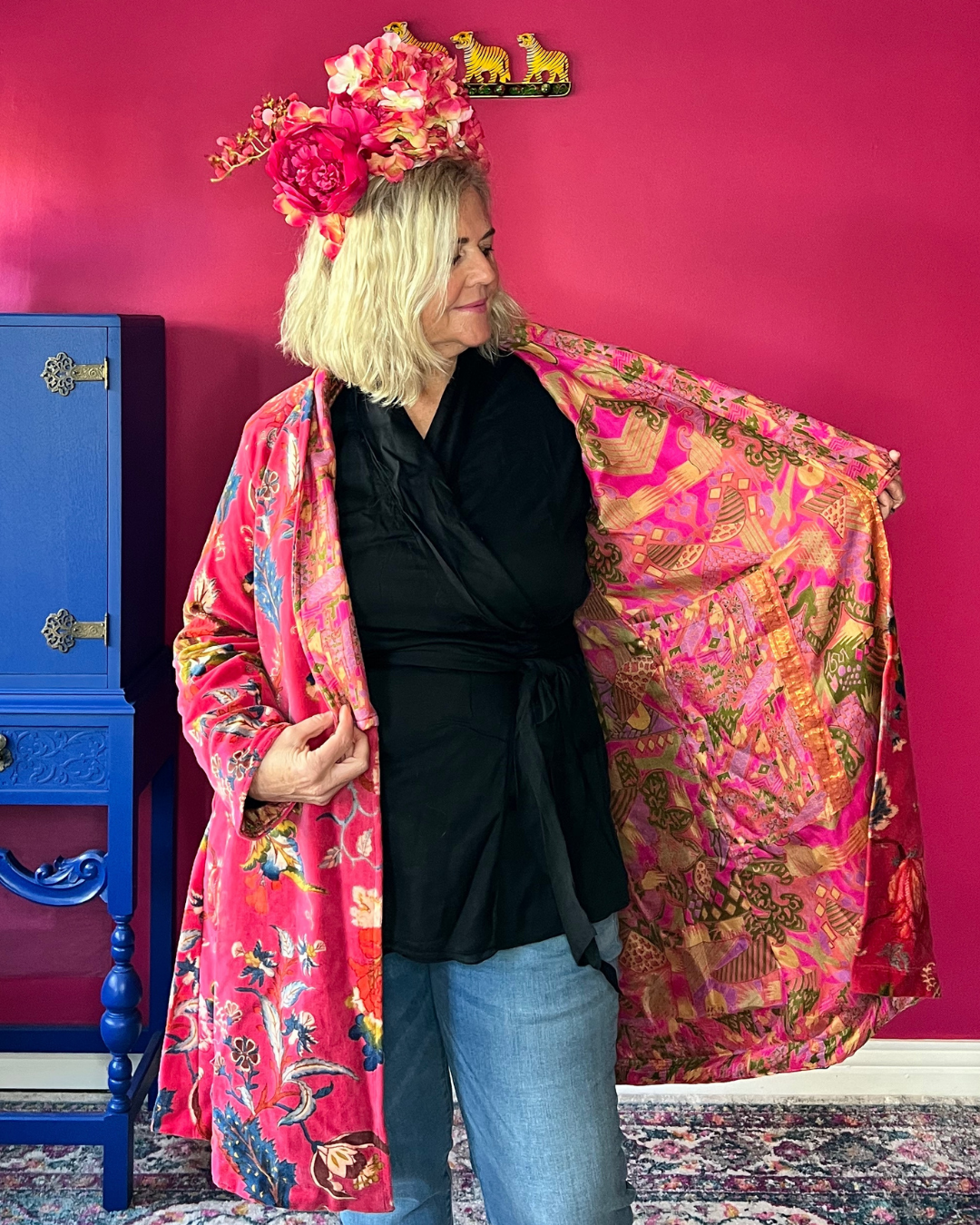 Royal Velvet Jacket - Cherry Bold Floral with Pink, Olive and Gold Silk Lining