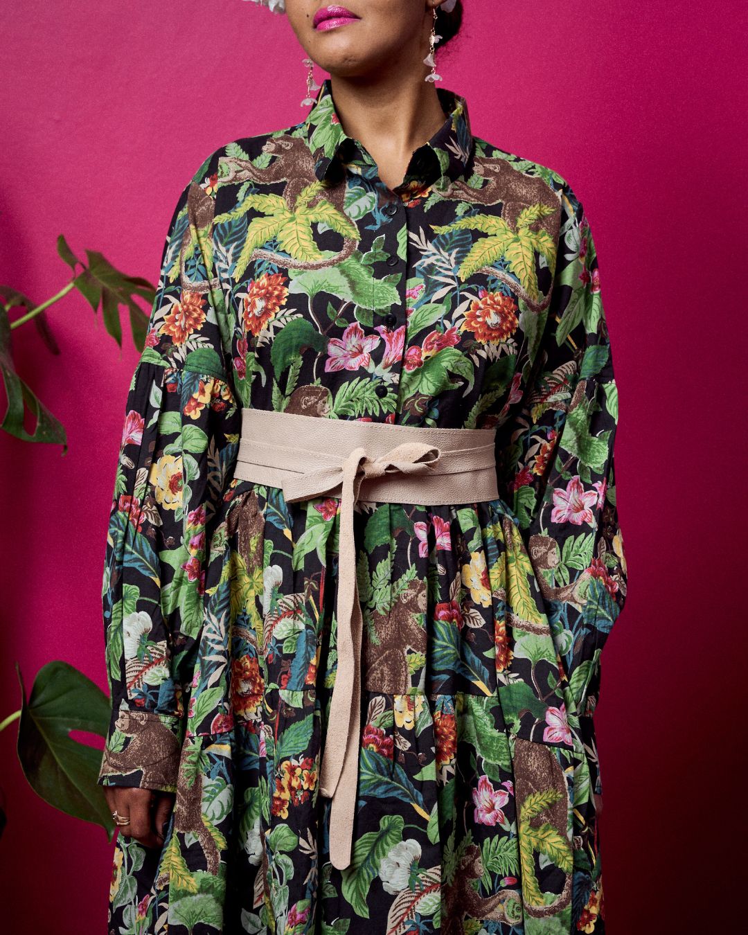Jungli Tiered Dress - Black with Brown Monkey Jungle