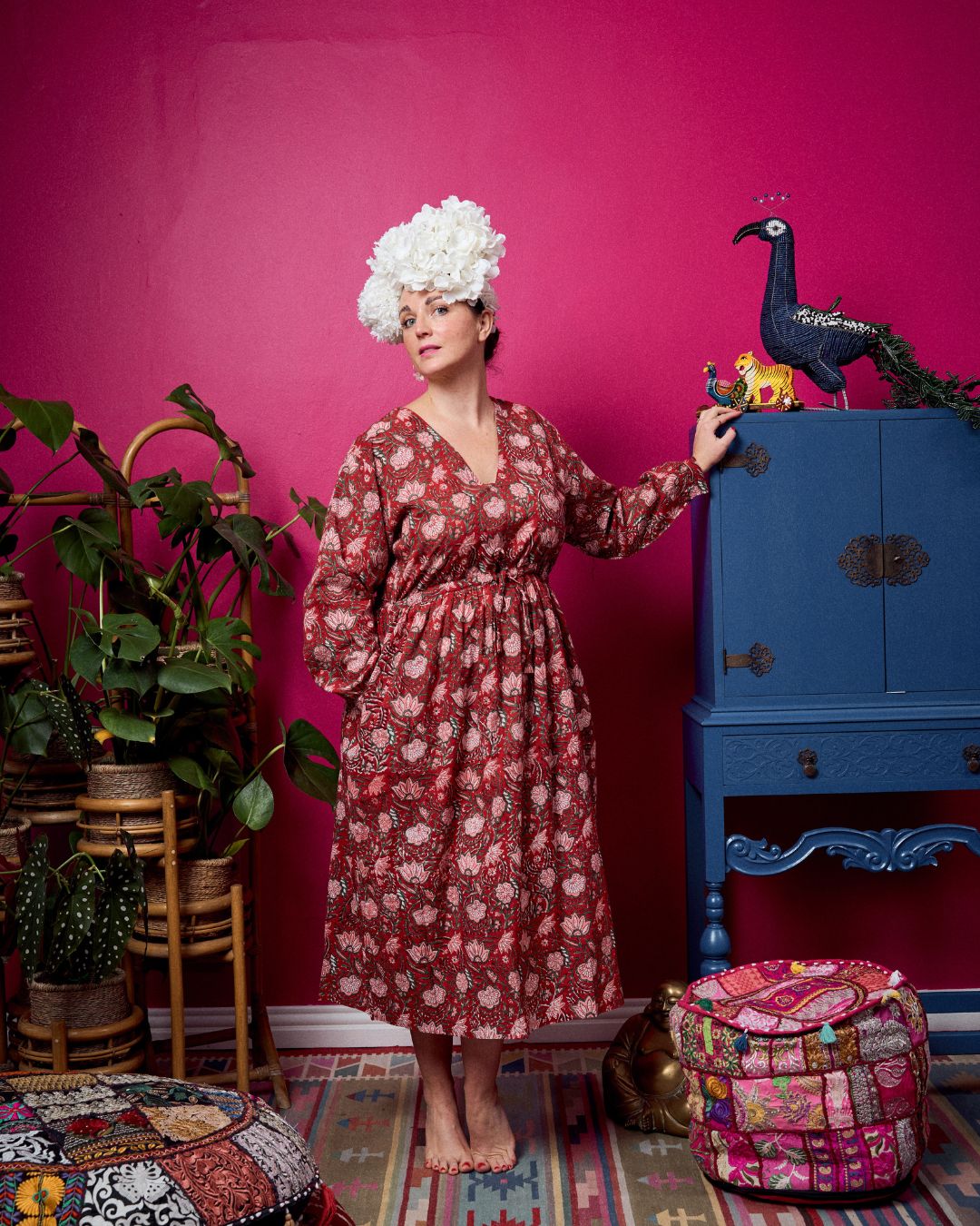Dani Drawstring Dress - Deep Red & Pink Floral